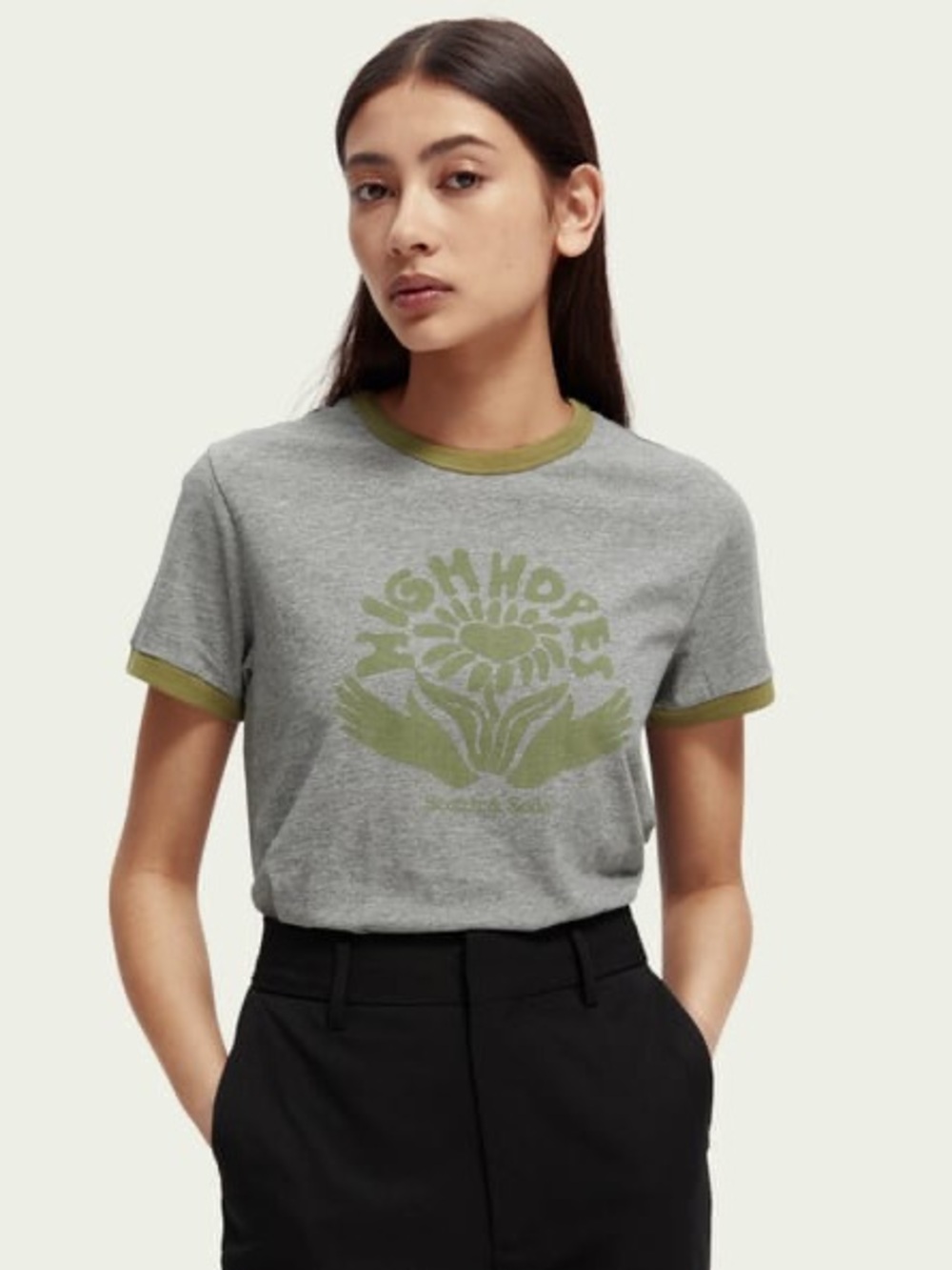 Scotch & Soda Grey Tee with Olive Green Trim and Graphic - Small EUC